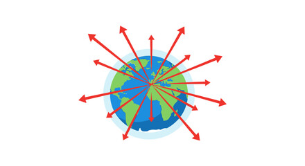Global influence represented by a stylized earth with radiating red arrows communication or