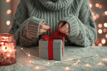 Close up of hands tying red ribbon on gift box, cozy winter sweater, warm candlelight, festive holiday atmosphere, soft bokeh lights, joyful and intimate moment