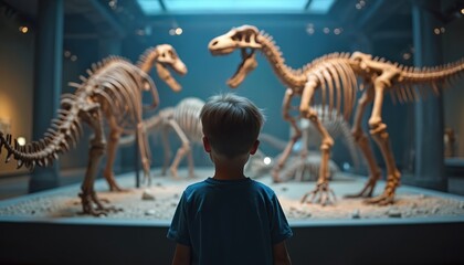 Young boy observes dinosaur skeletons at museum Child explores paleontology, learns about extinct species. Student is fascinated by natural history. Kid looks at fossil bones in science center.
