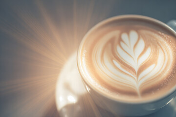Close up of latte art with heart shape in creamy coffee cup, warm vintage lighting creates cozy and inviting atmosphere, perfect for relaxing in cafe or coffee shop setting