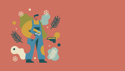 Professional painterworker in overalls with roller and winter decor Home renovation vector concept