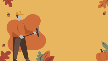 Autumnal worker in hard hat holding a tool Vector illustration with fall leaves and copy space