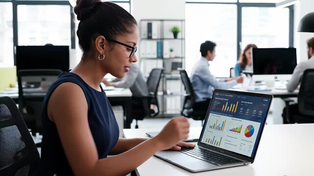 A capable woman is intensely focused on data rich laptop screen, surrounded by tools of trade, capturing essence of analytical activity, professionalism, and business acumen. - Powered by Adobe