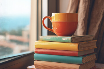 Cup of coffee on stack of colorful books beside window, warm sunlight creates cozy peaceful atmosphere, perfect for relaxing or reading in morning or afternoon