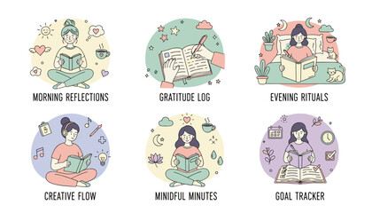 Selfcare rituals set reflection gratitude creative flow and goal tracking illustration
