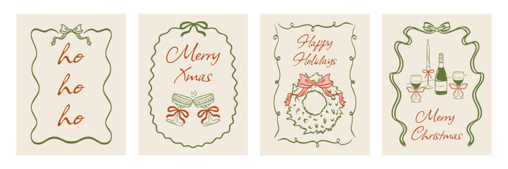 Vintage hand drawn Christmas posters, greeting cards, and invitations. Retro New Year's cards in a Coquette style. Doodle line art: bow,wreath, ribbons, clinking glasses, champagne and candles