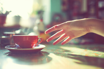 Female hand reaching for morning coffee on sunny table cozy atmosphere warm light relaxed mood soft focus inviting scene home kitchen peaceful morning