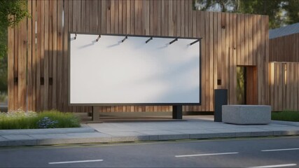 Clean outdoor billboard advertisement loop in a minimalist urban setting, featuring a modern wooden building facade and serene daylight ambience, ready for impactful messaging and brand promotion