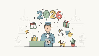 Hotel service welcoming 2026 Concierge travel New Year and celebration illustration
