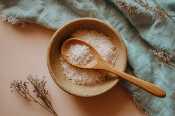 Ceramic bowl bath salt wooden spoon dried herb flat lay relaxation spa natural wellness rustic calming self care organic home beauty tranquility minimalist healthy clean therapy interior still