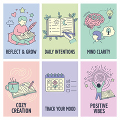Mental health and selfcare concepts journaling mood tracking reflection and positive growth vector set