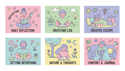 Fototapeta premium Cute pastel illustrations of selfcare and mental health activities daily reflection journaling and gratitude logs