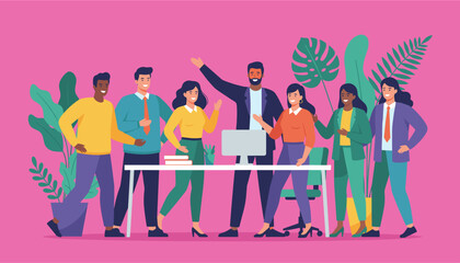 Diverse professional team collaborating happily in a modern vibrant office setting