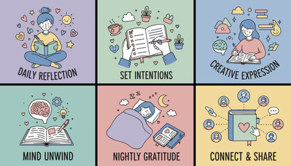 Obraz premium Illustrated selfcare habits reflection intentions expression unwinding gratitude and sharing
