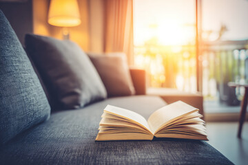 Open book resting on cozy gray sofa with soft cushions, warm sunlight streaming through window, modern living room interior, calm and inviting atmosphere, peaceful reading space