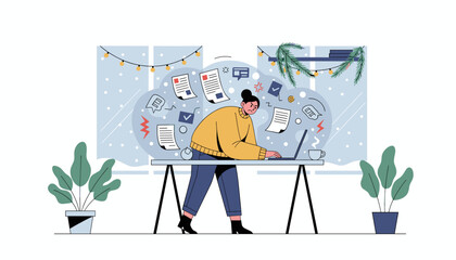 Deadline stress Frustrated woman dealing with chaos paperwork and heavy workload