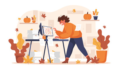 Stressed worker struggles with excessive workload and tangled problems during the busy fall season