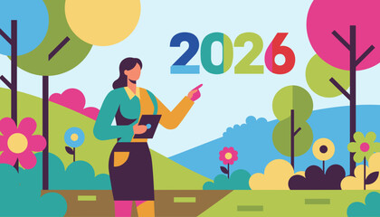 A woman points to the year 2026 in a colorful sustainable nature setting Flat vector illustration