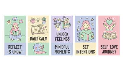 Mental health icons for selfcare reflection journaling and setting intentions