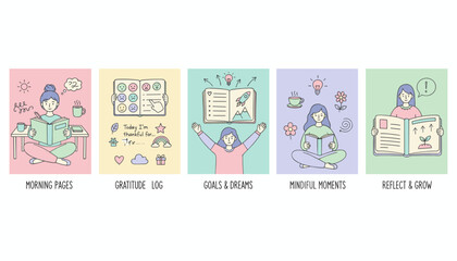 Selfcare journaling methods vector morning pages gratitude log goals mindful moments and personal growth reflection