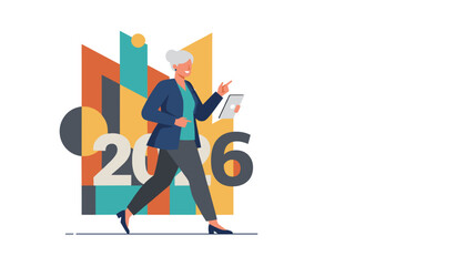 Confident senior professional walking planning 2026 strategy with digital tablet