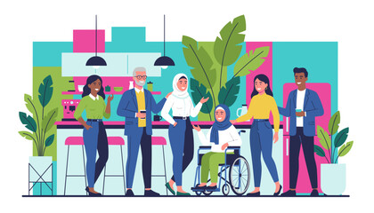 Diverse coworkers enjoy a coffee break in a modern office Inclusion and teamwork concept