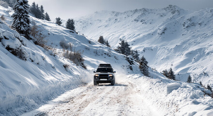 SUV driving through snowy mountain road, winter offroad adventure concept.