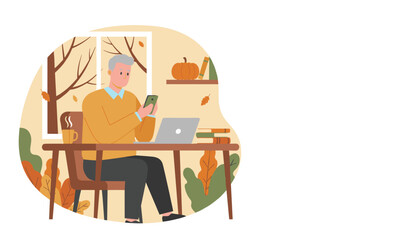 Senior man using smartphone and laptop at home office during cozy autumn illustration