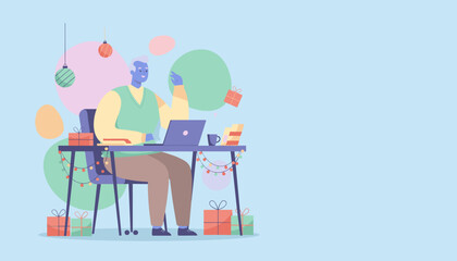 Elderly man uses laptop for work or shopping during Christmas holiday with gifts and festive decor
