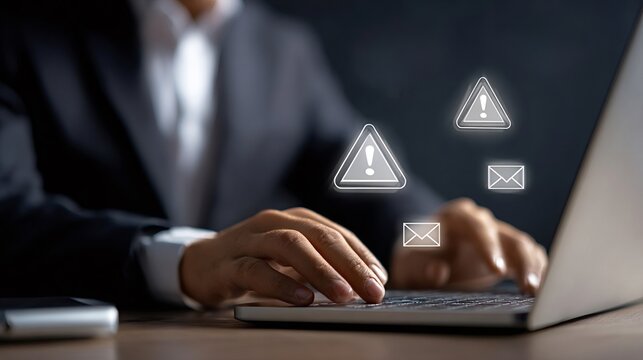 Business person working on a laptop, receiving multiple email warning notifications and spam alerts, symbolizing cybersecurity threats and data protection risks in digital communication