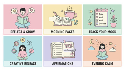 Illustrated selfcare routines for mental wellness affirmations journaling and mood tracking set
