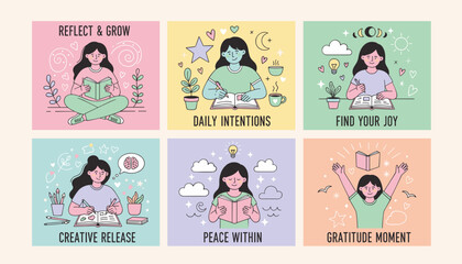 Selfcare routine illustrations journaling reading mindfulness gratitude and personal growth concepts