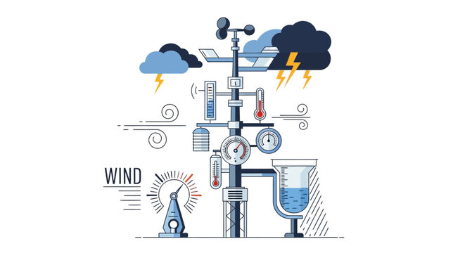 Weather station instrument displaying atmospheric conditions with thunderbolt  and diverse