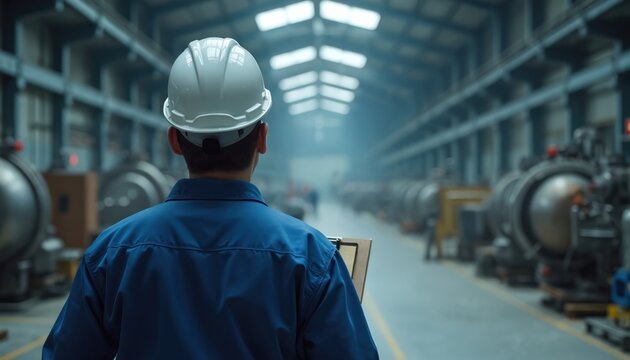 Inspector wearing hard hat checks equipment in factory hall. Engineer looks at machine line. Quality control manager oversees manufacturing workflow. Supervisor inspects industrial production