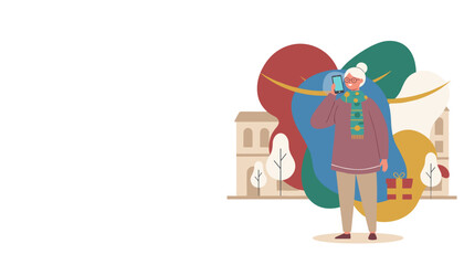 Smiling senior woman talking on smartphone outdoors in a modern abstract urban setting with a gift box