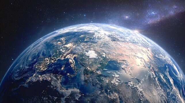 Earth planet viewed from space, showing illuminated cities across continents at night, with a rising sun peeking over the horizon against a star filled cosmos