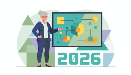 Experienced businesswoman presents 2026 strategic plan and future data analysis illustration