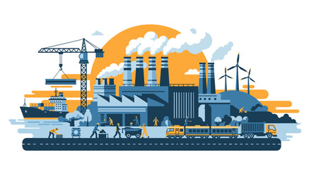 Factory production logistics and renewable energy illustration Industrial complex and workers