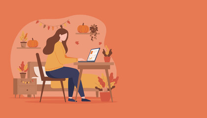 Cozy fall work from home illustration Woman freelancing on laptop in an autumnthemed bedroom