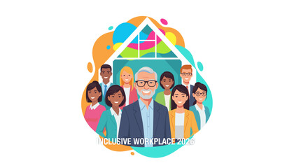 Inclusive workplace 2026 Diverse business team smiling under a shelter symbol
