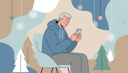 Older man looks concerned while using a smartphone in a festive abstract winter holiday setting
