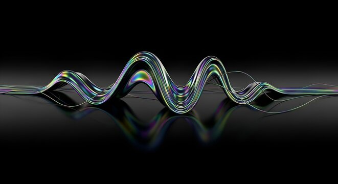 Iridescent Wavy Abstract Bands Reflecting on a Dark Surface