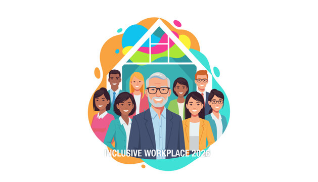 Inclusive workplace 2026 Diverse business team smiling under a shelter symbol