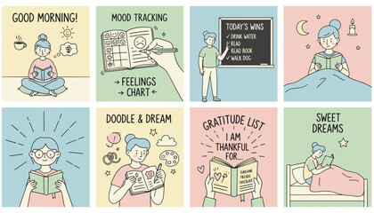 Handdrawn illustrations of selfcare and daily wellness routines reading journaling and tracking mood