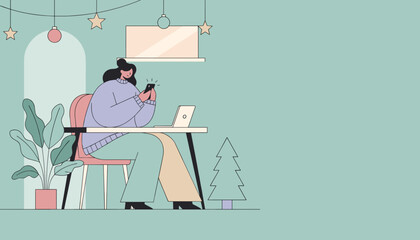 Woman using phone at desk in festive home office Remote work social media or holiday shopping