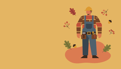 Skilled tradesman in hard hat and overalls surrounded by autumn foliage Professional service vector