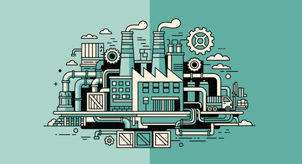 Stylized factory illustration featuring smokestacks gears pipes and delivery truck Production concept