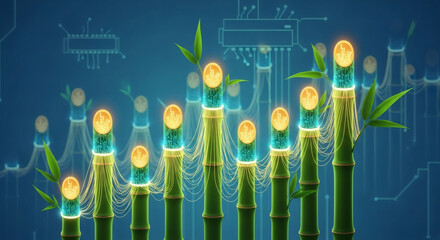 Bamboo stalks growing with digital coins and circuits, symbolizing growth and technology