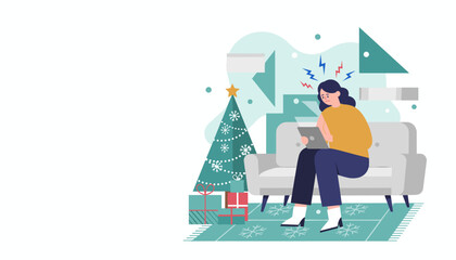 Stressed woman with a headache using a tablet near a Christmas tree Holiday work and anxiety concept