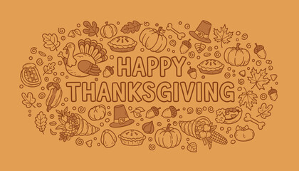 Happy Thanksgiving banner illustration with turkey pumpkins leaves and fall elements